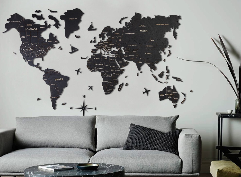 Carte murale en bois couleur noir
