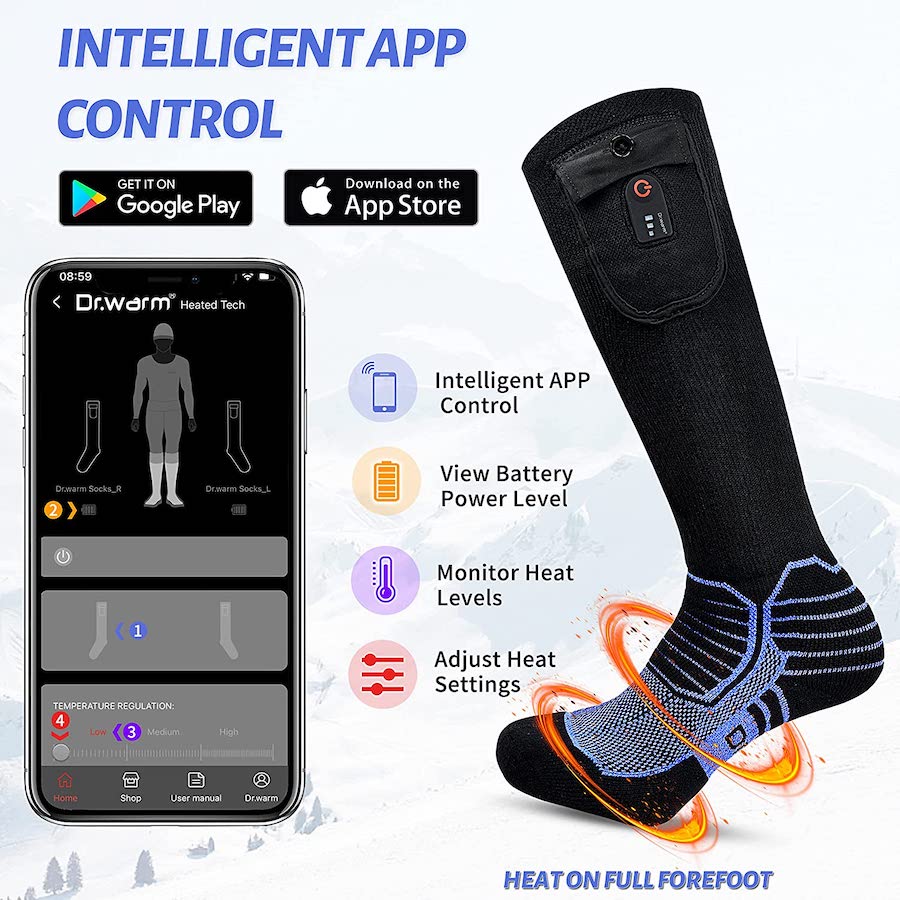 Chaussettes électriques chauffées - contrôle via l'application mobile pour smartphone