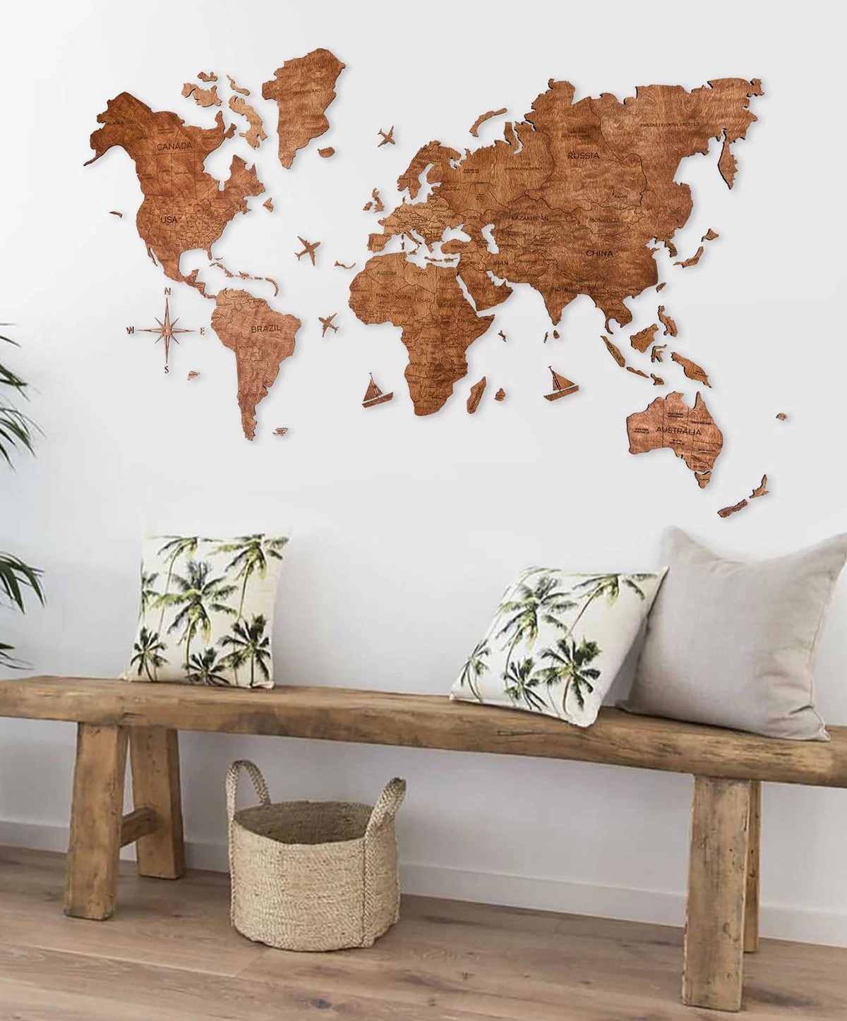 Carte du monde en bois couleur chêne