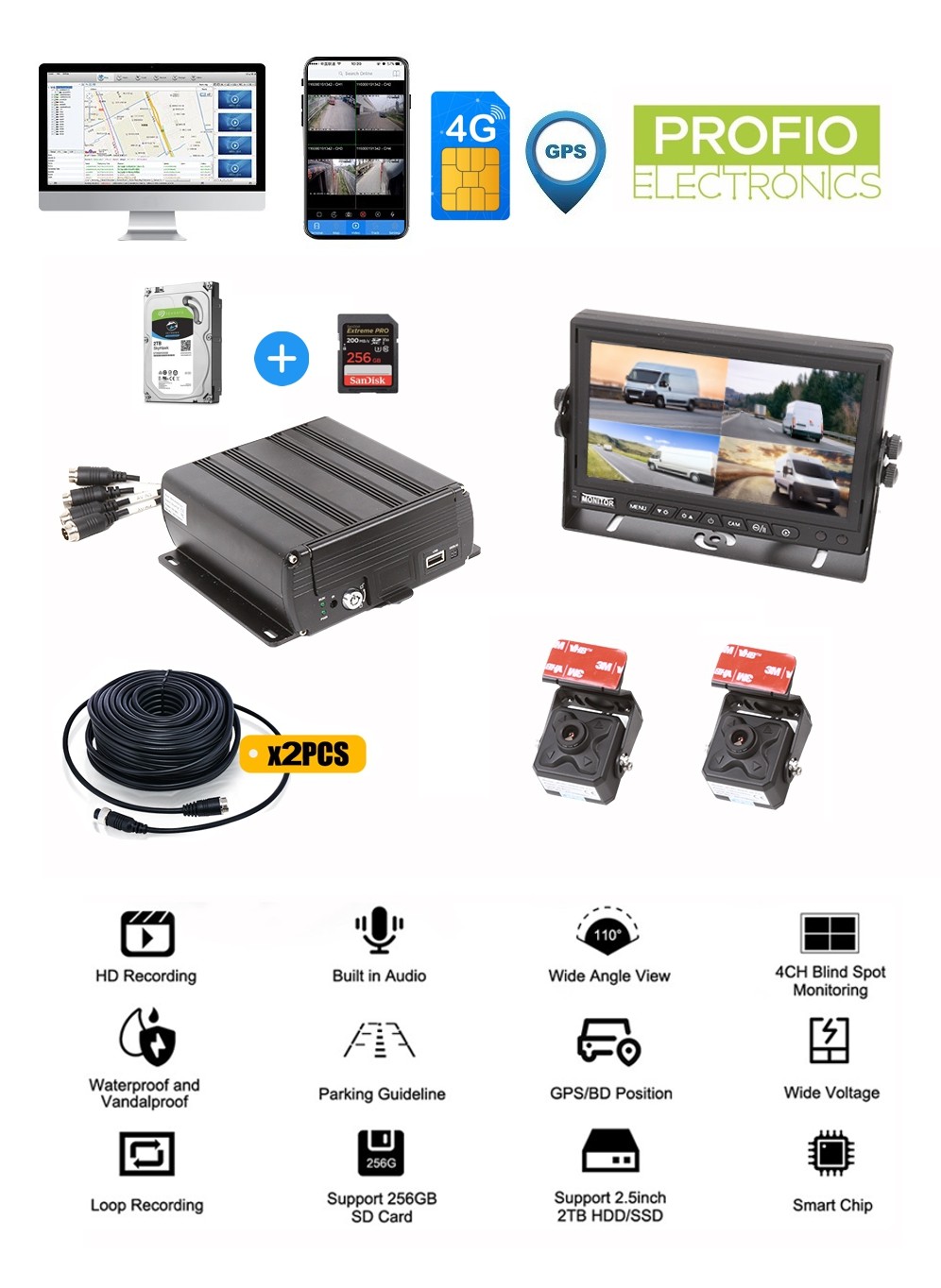 Surveillance en direct DVR de voiture, enregistrement, 4 caméras, support sim 4g