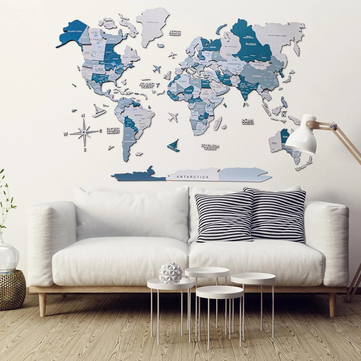Carte du monde en bois 3D colorfull bleu
