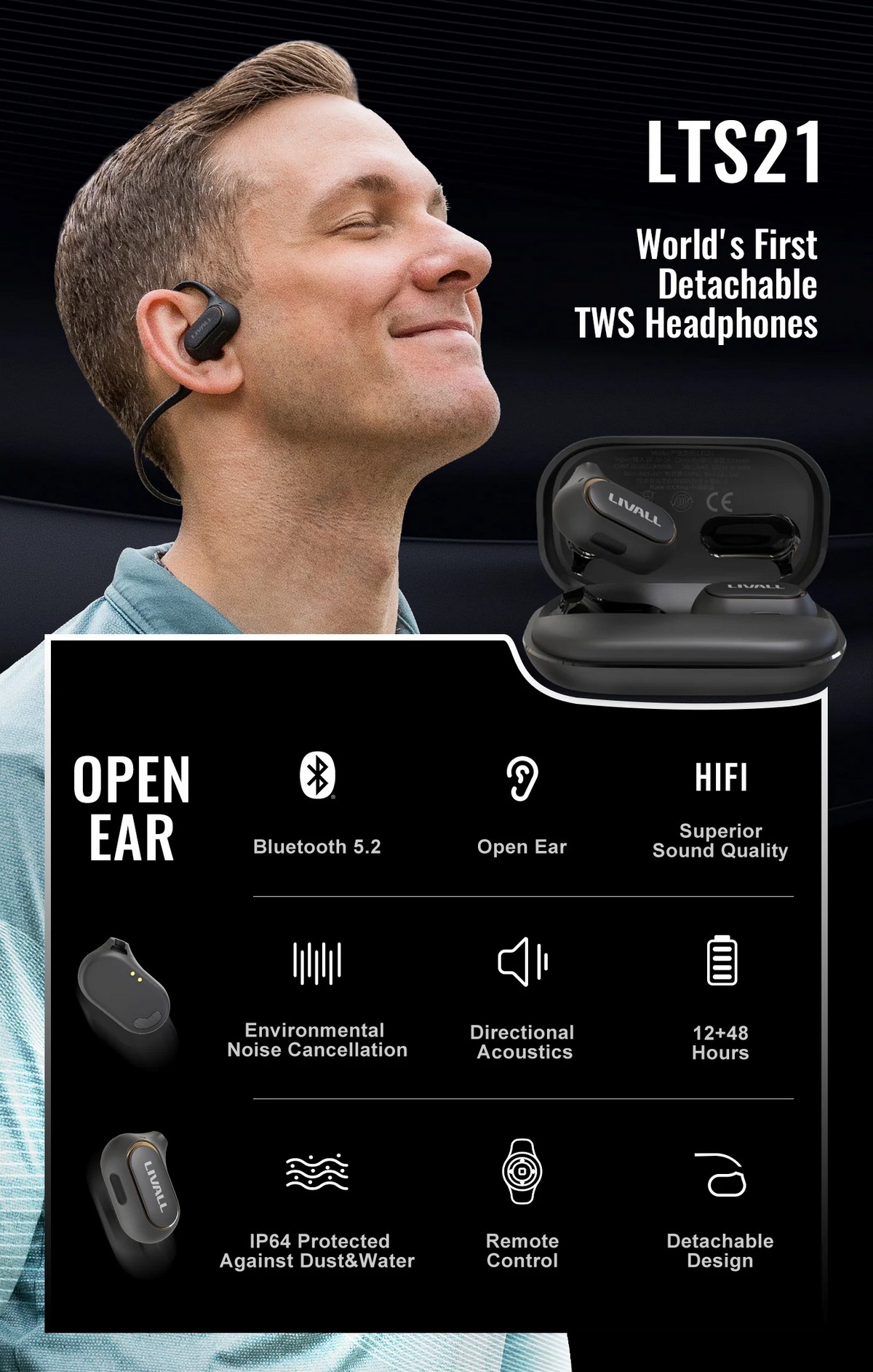 Casque sans fil de sport avec Bluetooth - design détachable à oreille ouverte