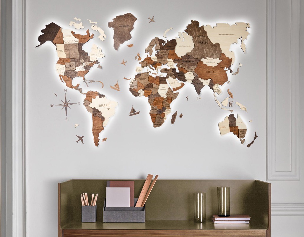 carte du monde 3D colorée à la main sur le mur