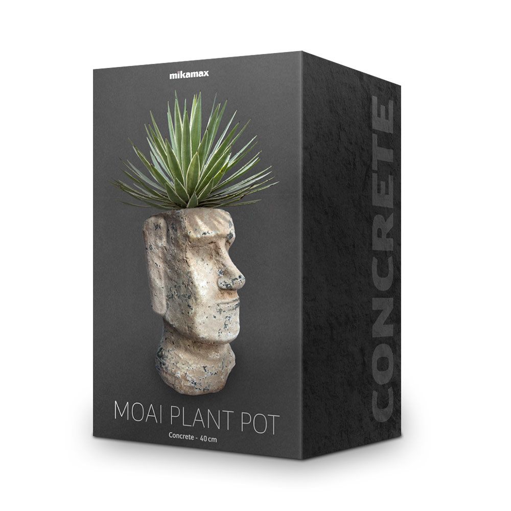 Un pot de fleurs en forme de tête de moai en béton de pierre