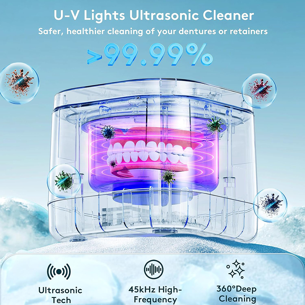 Nettoyeur de retenue à ultrasons, nettoyeur de prothèses dentaires U-V 99.99%, nettoyage léger