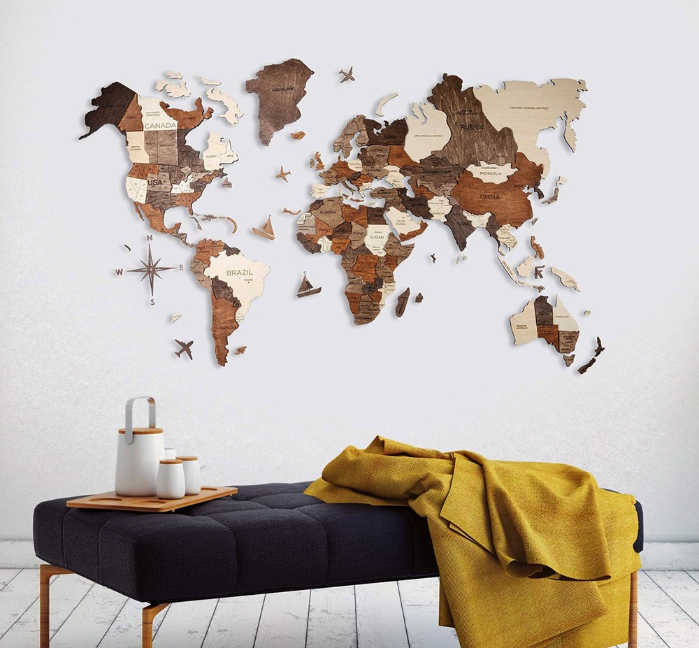 Cartes du monde en bois 3D sur le mur