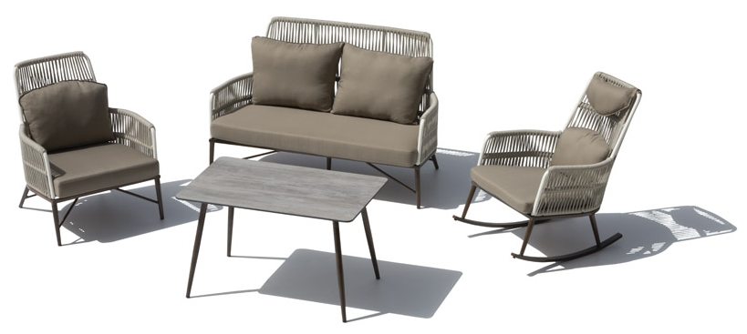 Construction exclusive en aluminium pour sièges de jardin, ficelle synthétique et table haute