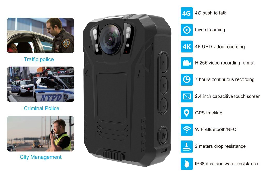 Caméra corporelle de police 4G, wifi, bluetooth, PTT, IP68, NFC