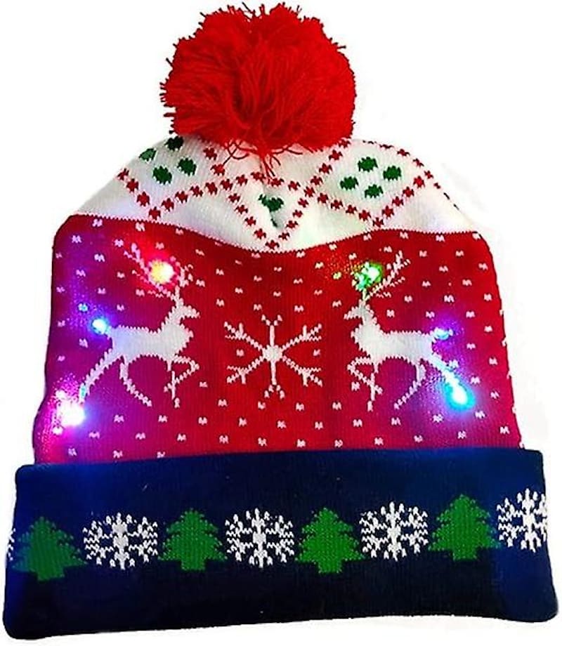 Bonnet d'hiver avec pompon, Noël illuminé avec ampoules LED - CERF DE NOËL